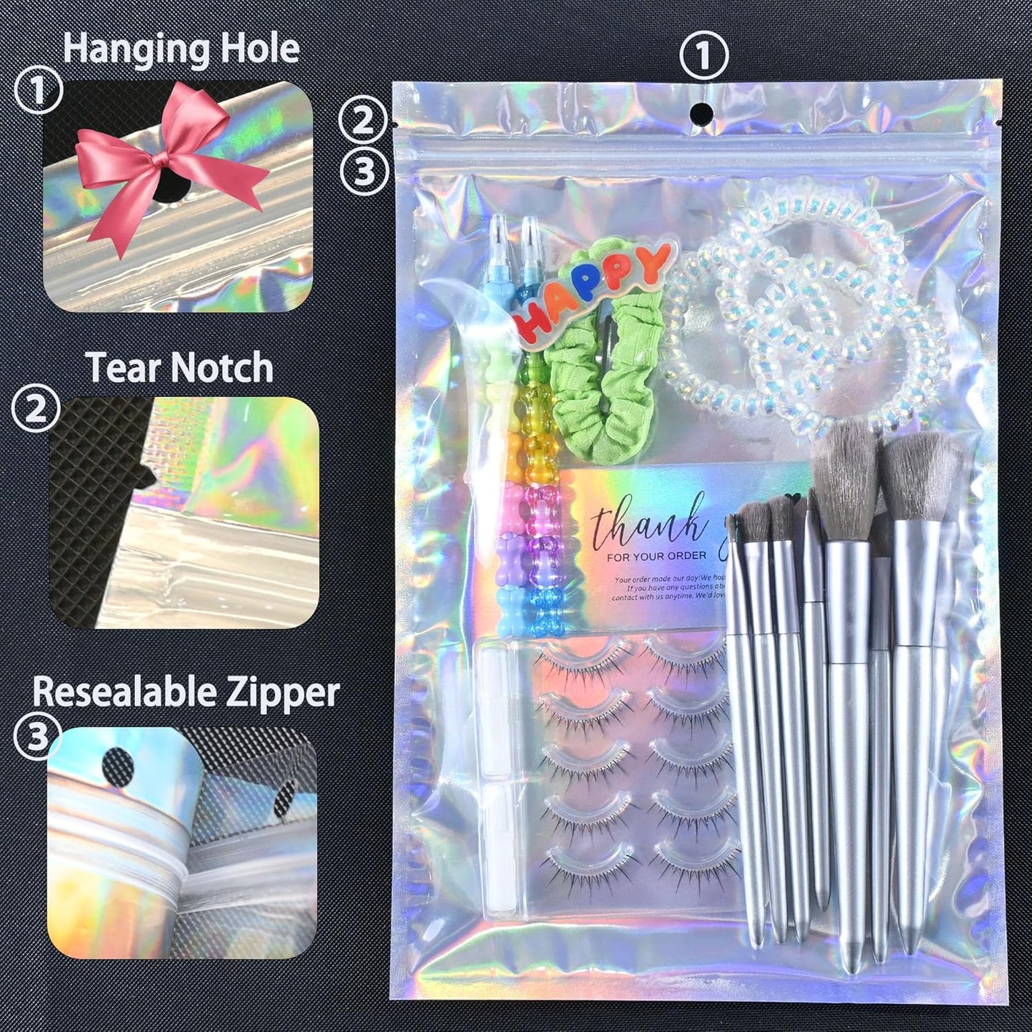 100 Pack Holographic Resealable Plastic Bags for Food Storage, Zipper Bags with Clear Front Window, Packaging Pouch for Small Business (100 Pack, 6x8.8 inch)