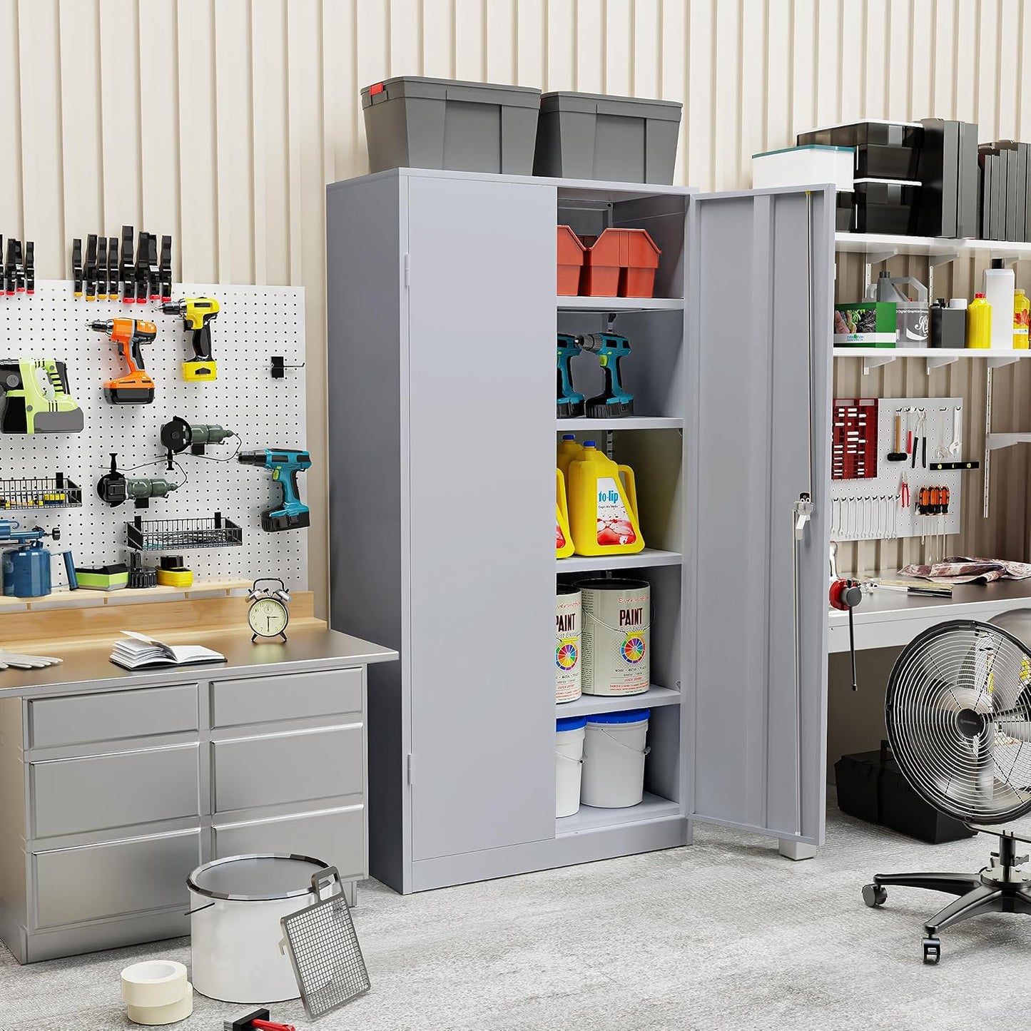 SUNCROWN 72" Metal Storage Cabinet - Heavy-Duty Metal Garage Cabinet with 4 Adjustable Shelves & 2 Doors for Tools, Office, Home, Workshop,Cement Grey