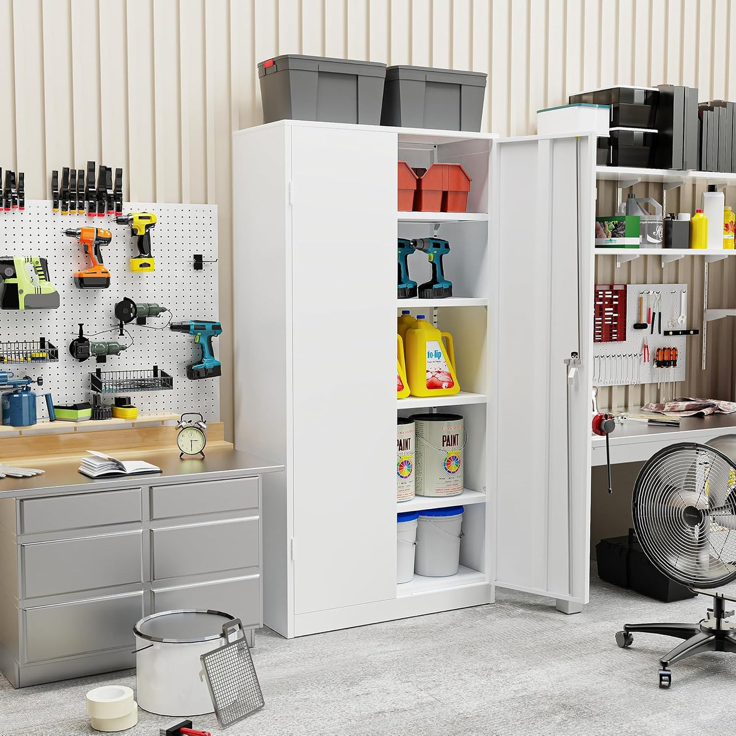 SUNCROWN 72" Metal Storage Cabinet - Heavy-Duty Metal Garage Cabinet with 4 Adjustable Shelves & 2 Doors for Tools, Office, Home, Workshop,White-Small