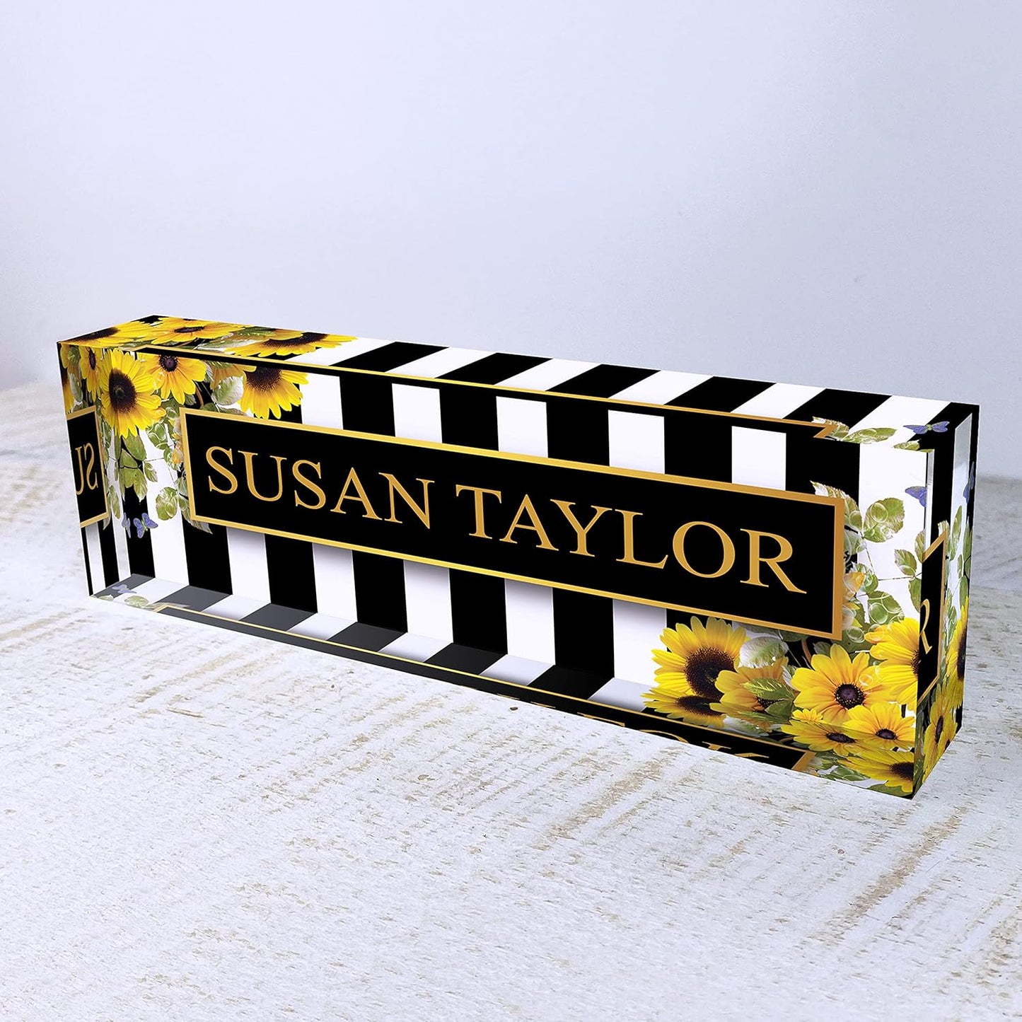 Artblox Office Desk Name Plate Personalized | Custom Name Plates on Acrylic Glass Decor | Office Desk Decor - Sunflowers Design - (8"x2.5")