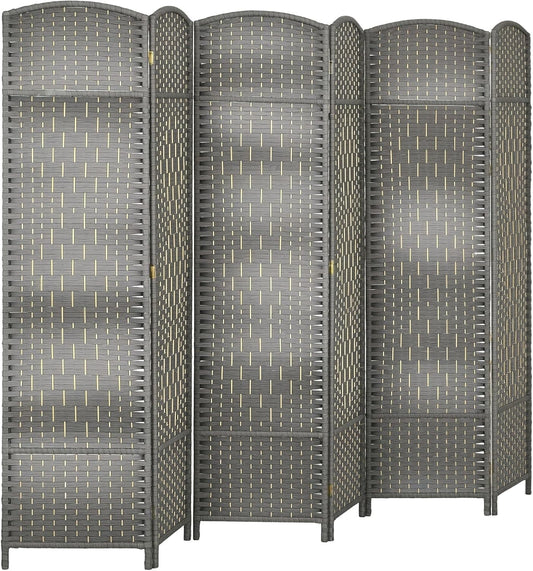 HOMCOM 6 Panel Room Divider, 6' Tall Folding Privacy Screen, Hand-Woven Freestanding Wall Partition for Home Office, Bedroom, Mixed Gray