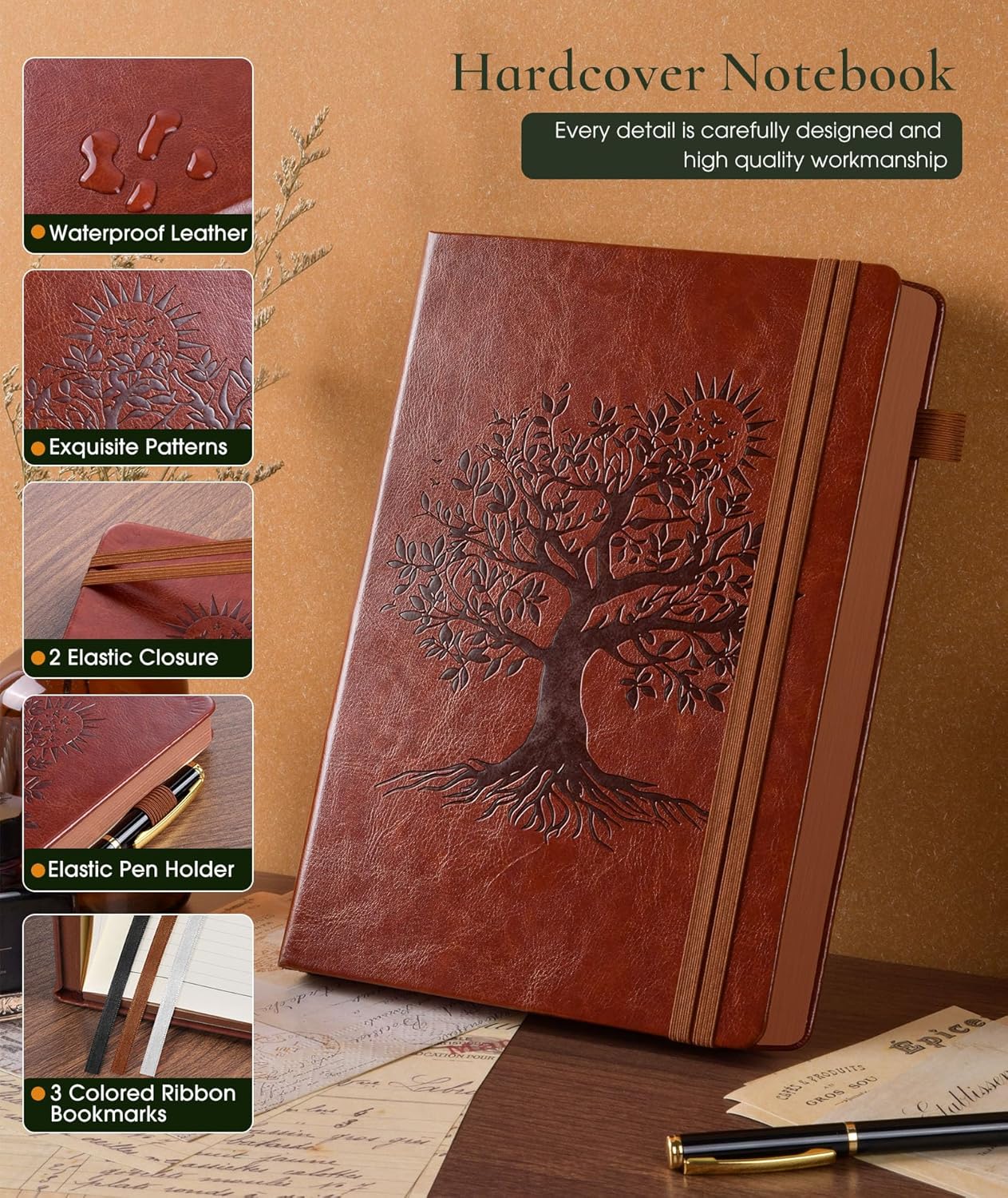 Vintage Leather Journal with 300 Numbered Pages,A4 Lined Journal for Men Women,Daily Journals for Writing,College Ruled Notebook for Work,School,Note taking,Travel Diary,Large (8.5" X 11.3")