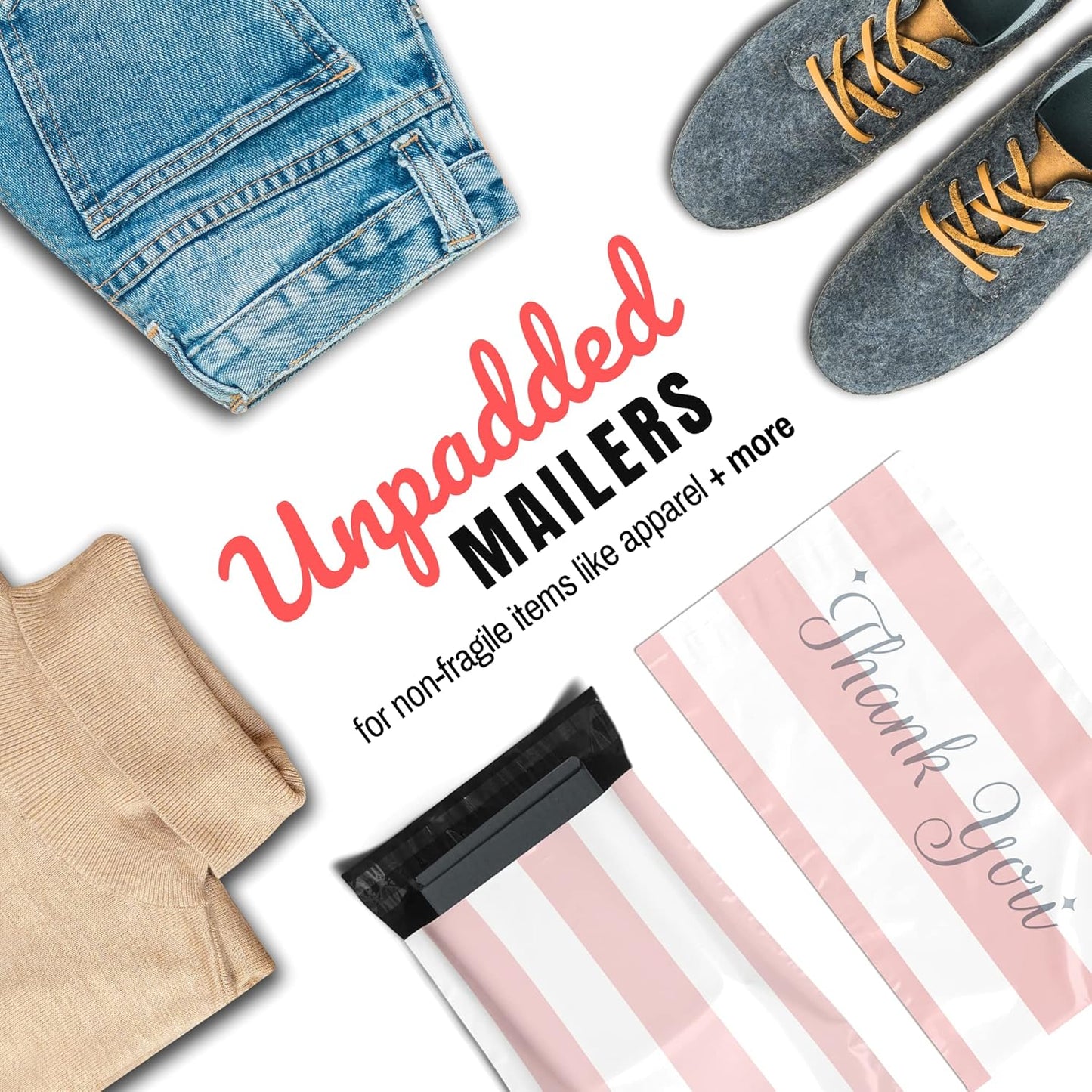 Poly Mailers 10x13 100 Pack | Self-Sealing Shipping Bags Envelopes for Small Business | Waterproof Durable Packaging | Thank You | Pink Stripes | à la mode Mailers