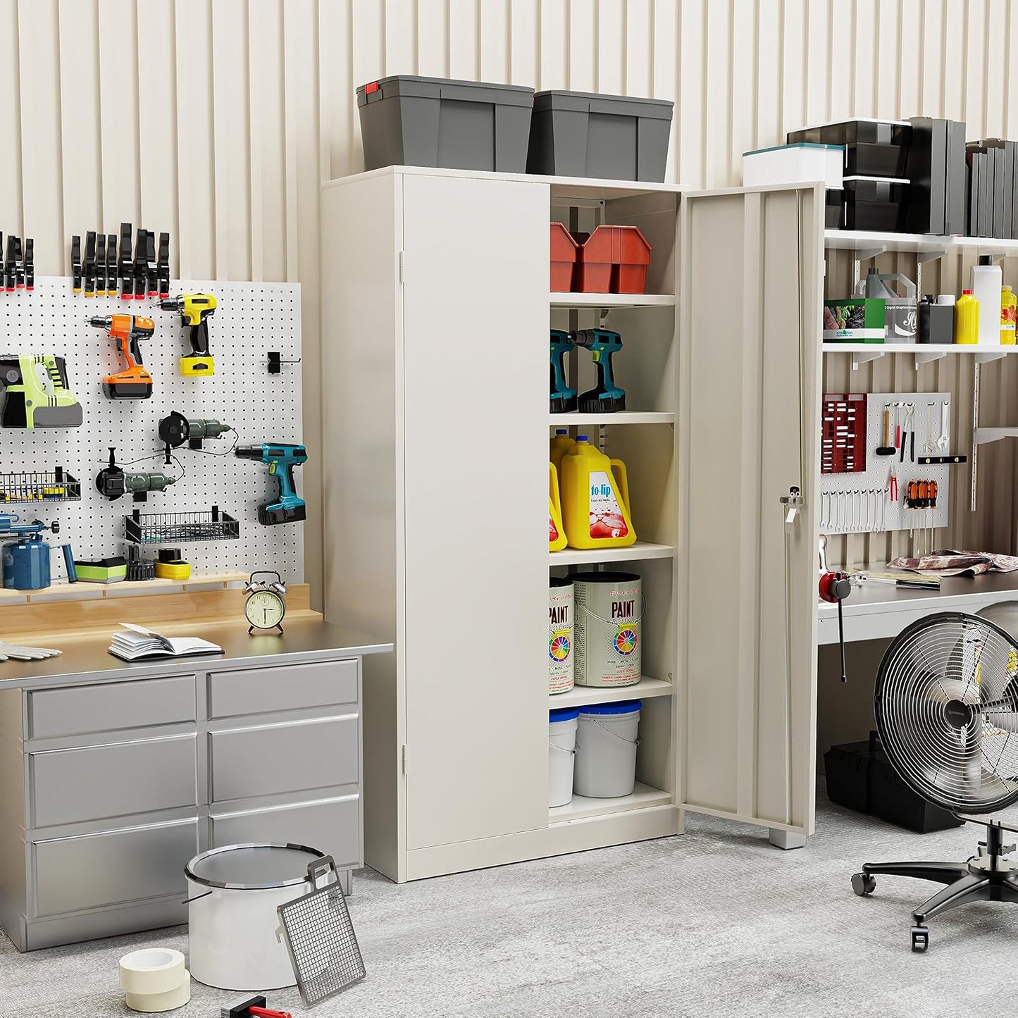 SUNCROWN 72" Metal Storage Cabinet - Heavy-Duty Metal Garage Cabinet with 4 Adjustable Shelves & 2 Doors for Tools, Office, Home, Workshop,Warm Grey