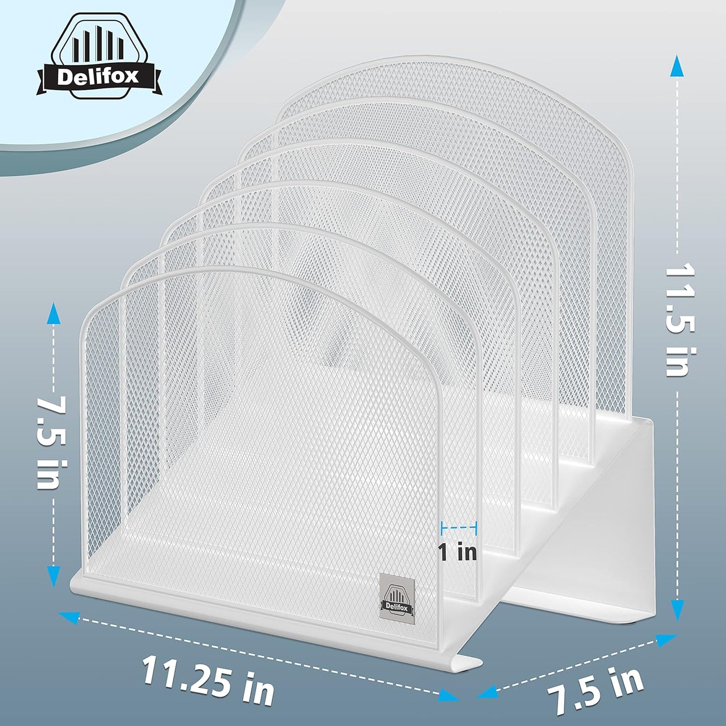 Inclined Desk File Organizer, 5-Section Vertical File Folder Holder Stand Metal Rack File Sorter for Office Classroom Desktop Organization (White, 2Pack)