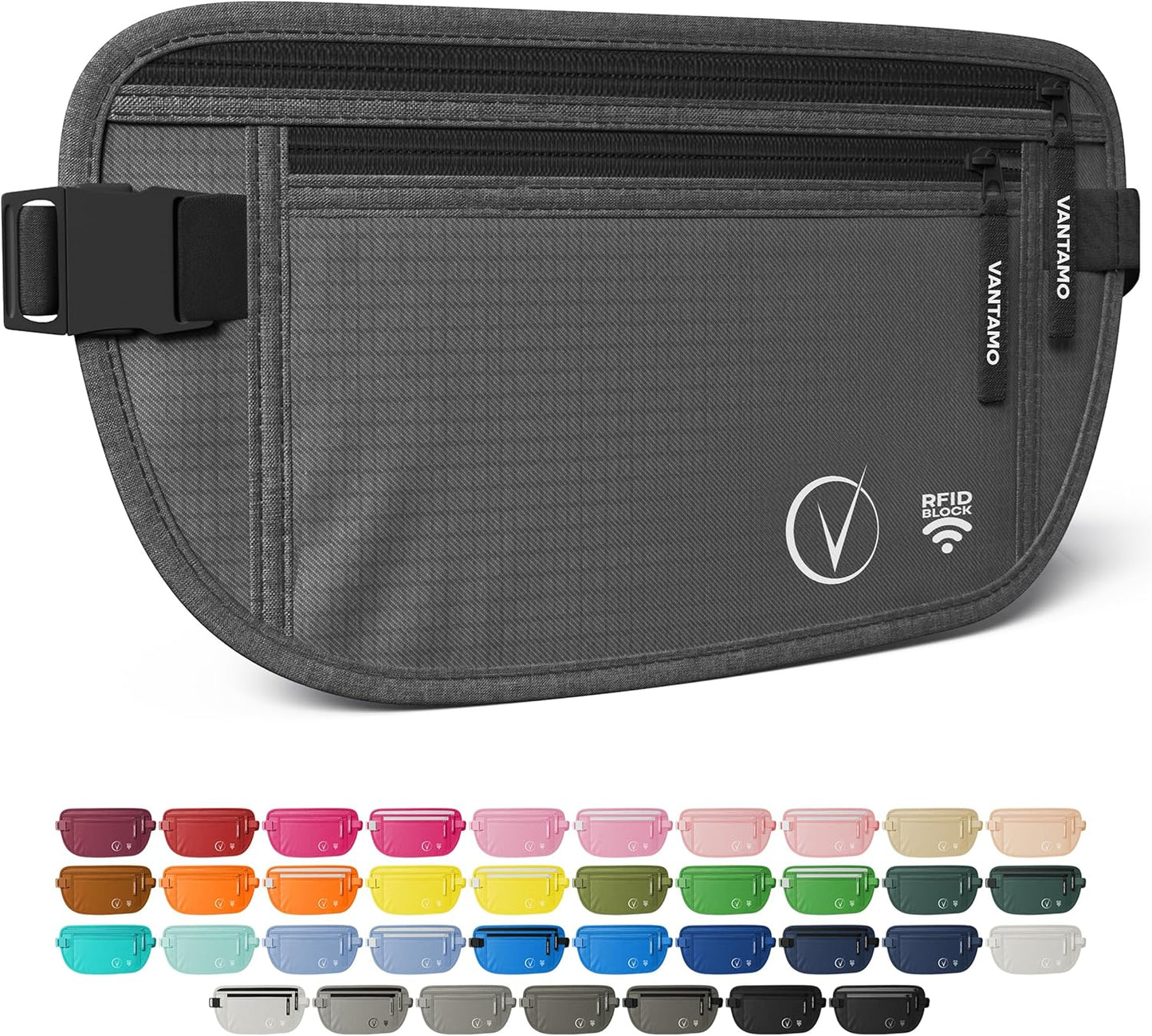 Vantamo Hidden Money Belt For Extra Safety, RFID Ultra-Thin Fanny Pack, 2 Compartment Money Bag Fits Passport & Phone