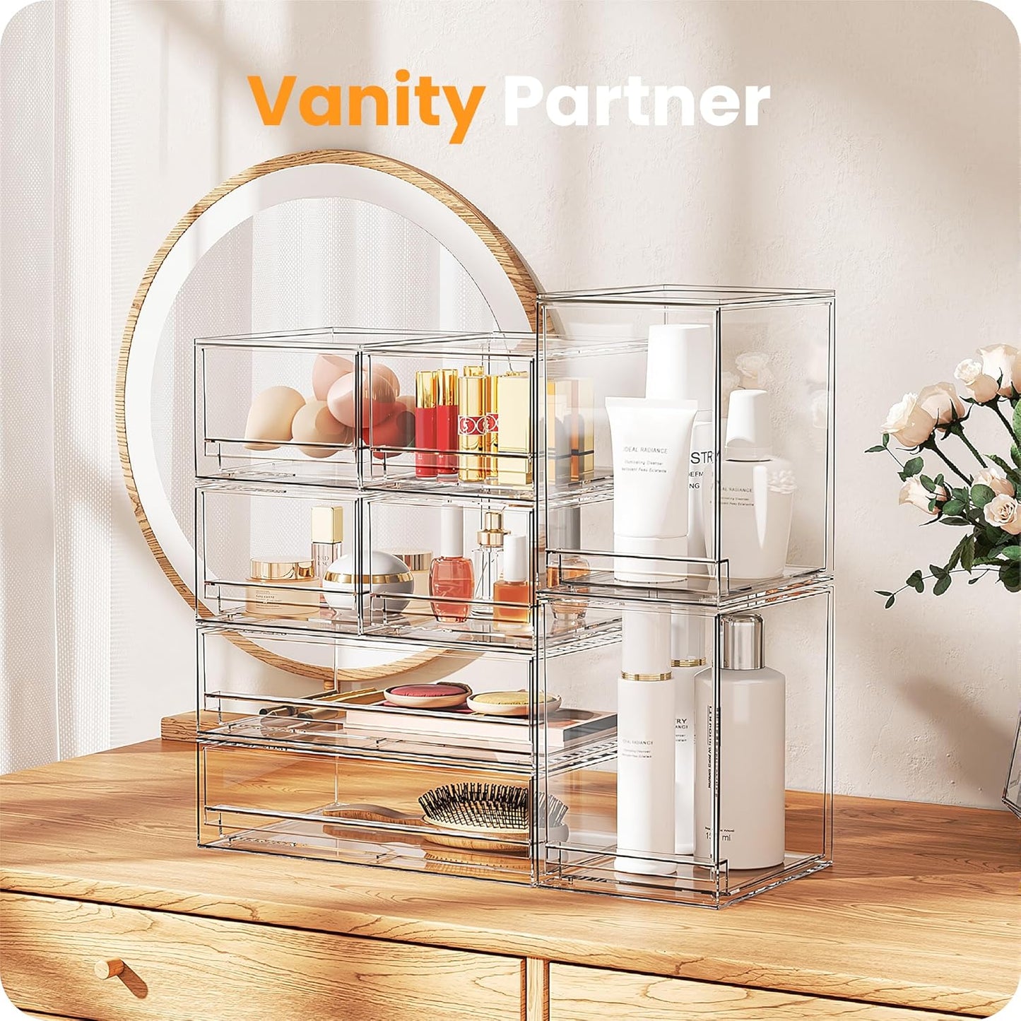 【𝟮𝗣𝗖𝗦】A-LUGEI Acrylic Stackable Storage Drawers, 7.5"L Makeup Organizer, Bathroom Organizer and Storage, Plastic Storage Bins for Kitchen Cabinet Pantry Medicine Fridge