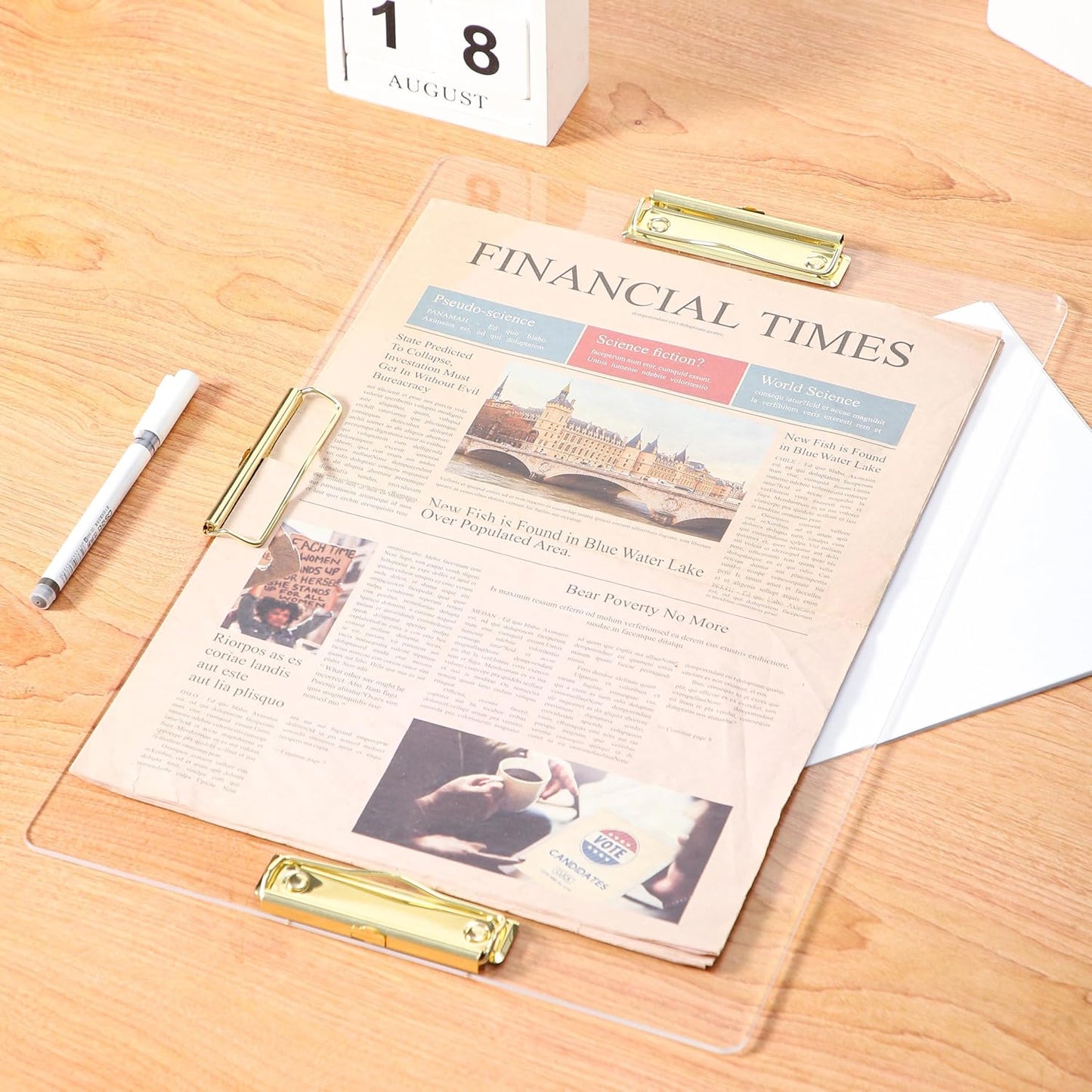 JIARI 2 Pack Clear Acrylic Horizontal with 3 Clip Clipboard Large Size 11" x 17" (3 Clip-Gold 2 Pack)