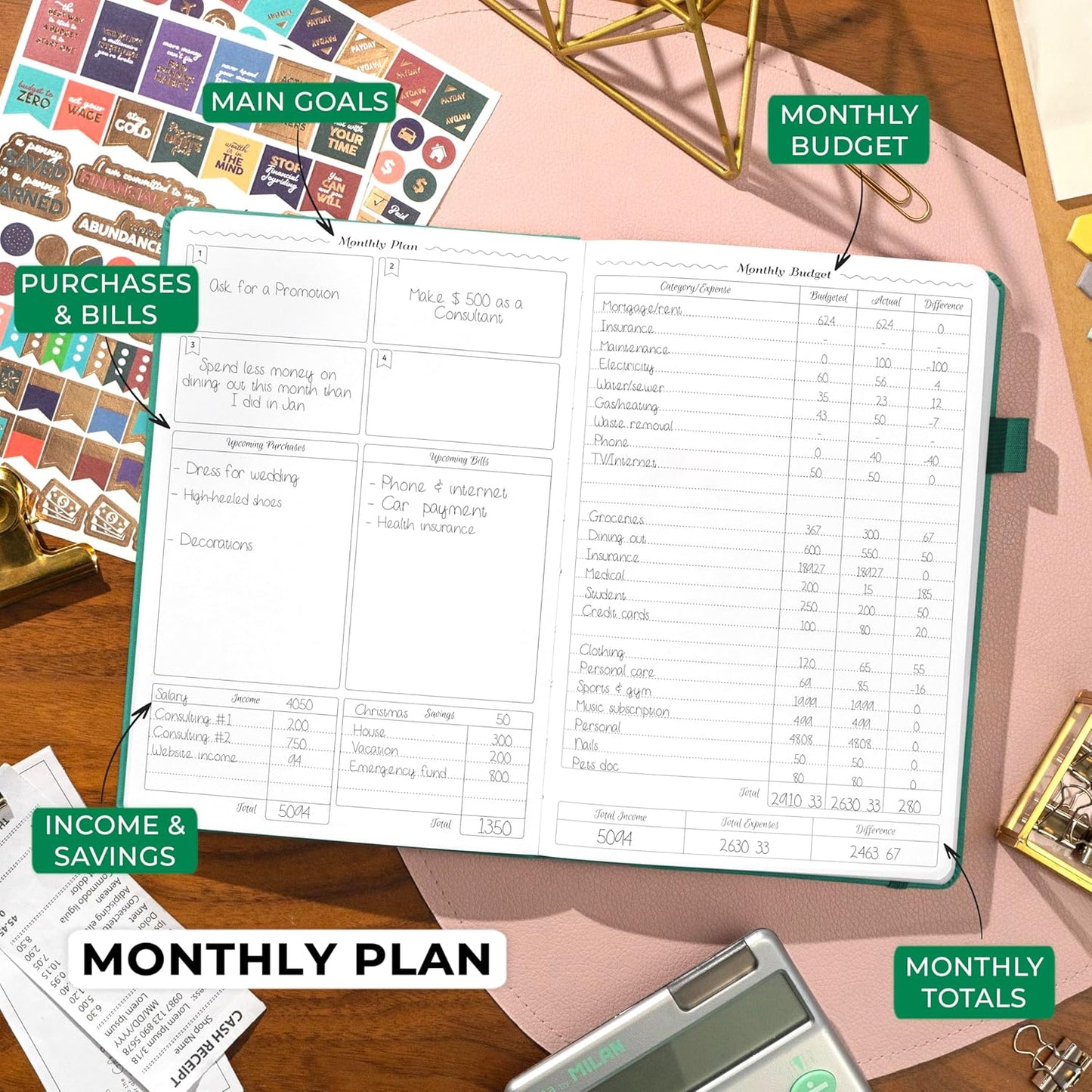 GoGirl Budget Planner – Monthly Financial Planner Organizer Budget Book. Expense Tracker Notebook Journal to Control Money, A5 (Emerald)