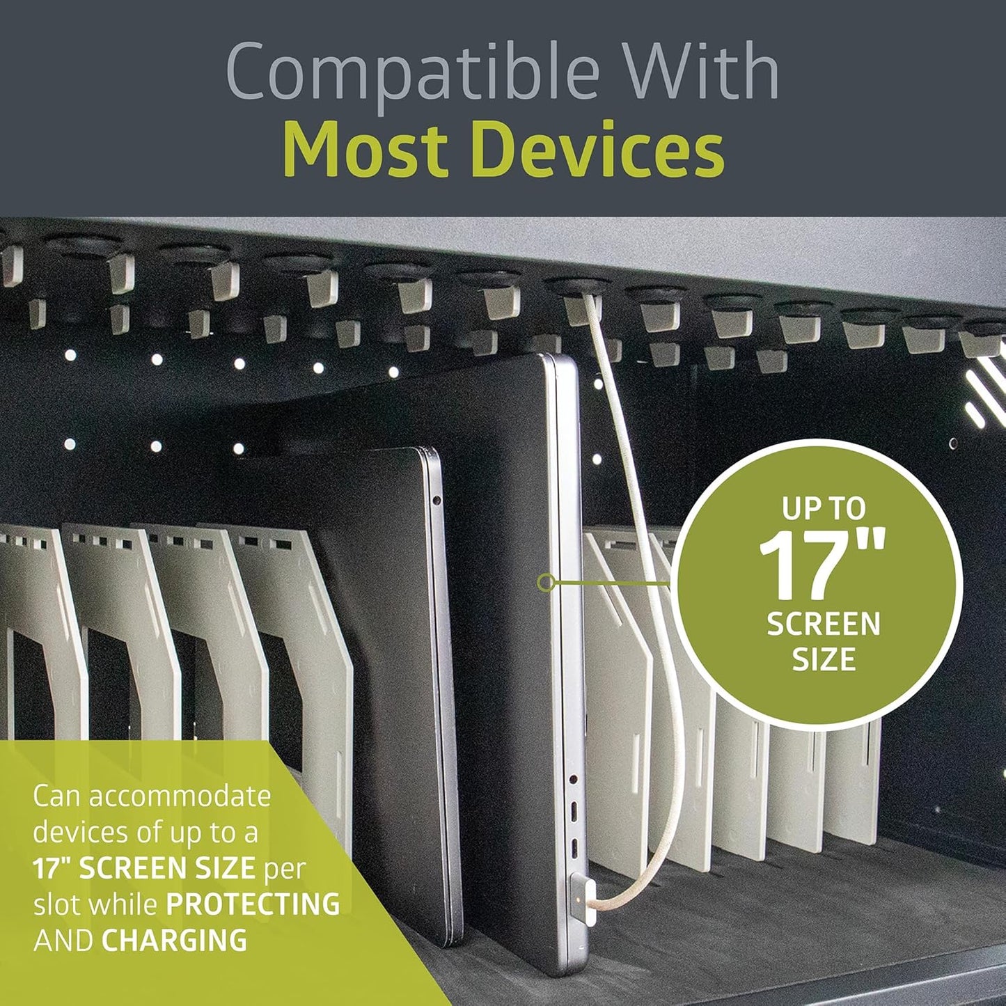 Pearington 16 Device Portable Table Top Charging and Storage Cabinet for iPads, Chromebooks and Laptop Computers, Up to 17-inch Screen Size, Bonus Shelf, Side Handles, Locking Front Door, Cable Clips