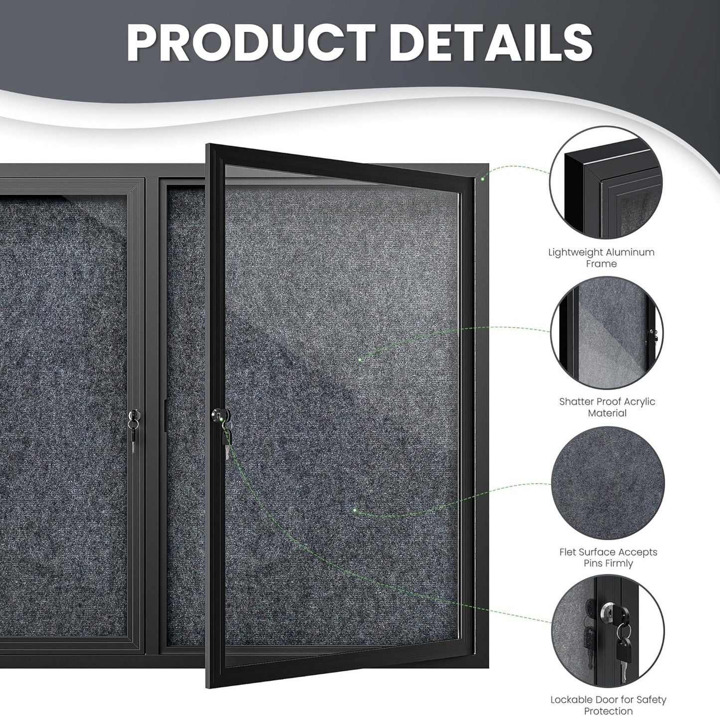 72"x36" Lockable Enclosed Bulletin Board, Outdoor Flet Weather-Resistant Aluminum Frame Notice Board, Wall Mounted Display Case Acrylic Doors for School,Office,Black Frame w/Grey Flet
