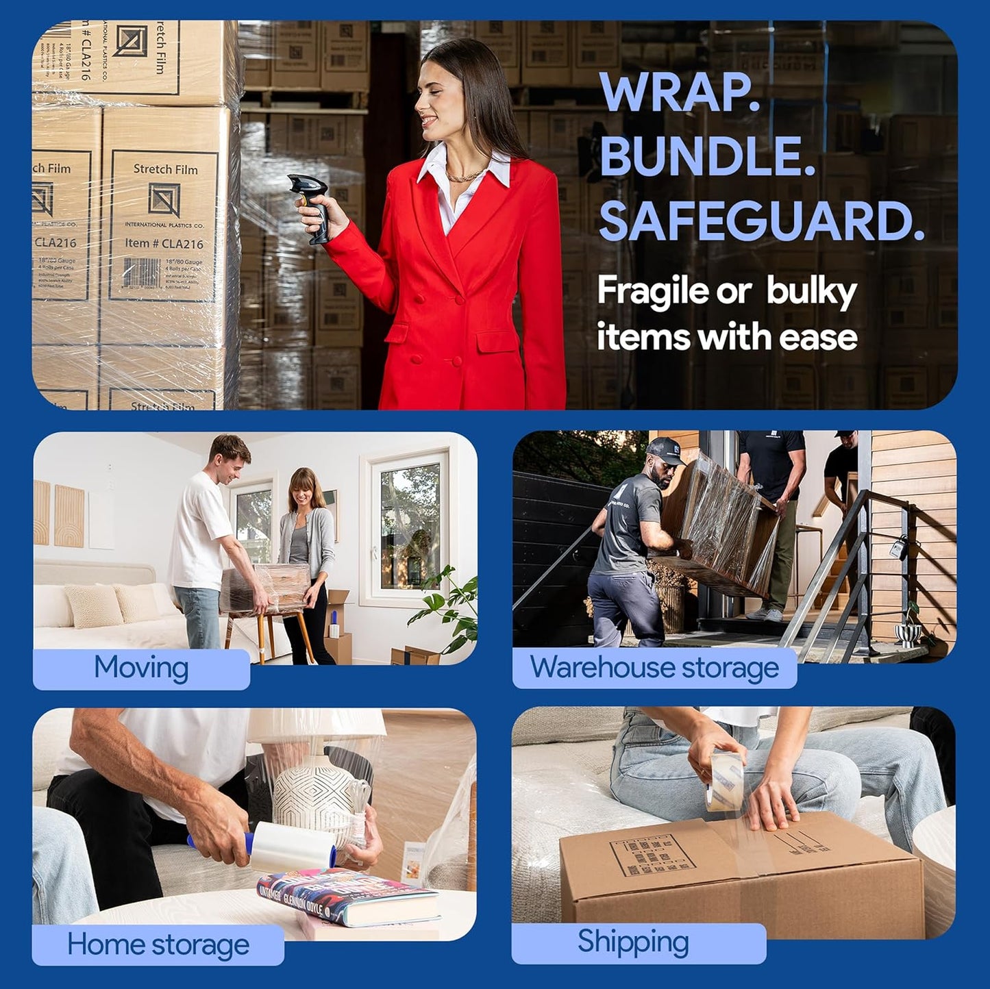 International Plastics Co. 18" Plastic Stretch Film/Wrap 1200ft 500% Stretch Clear Cling Durable Adhering Packing Moving Packaging Heavy Duty Shrink (36 Pack, 5" Spinning Handles)