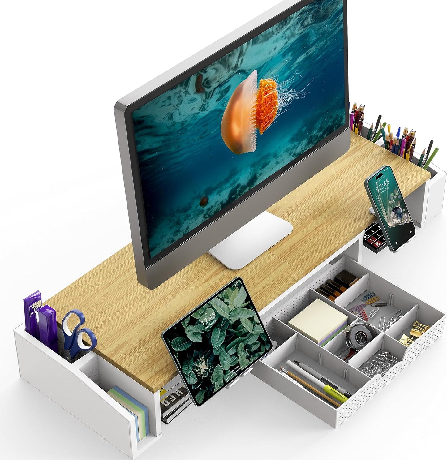 Simple Houseware Desk Dual Monitor Stand Riser with Drawer, Oak