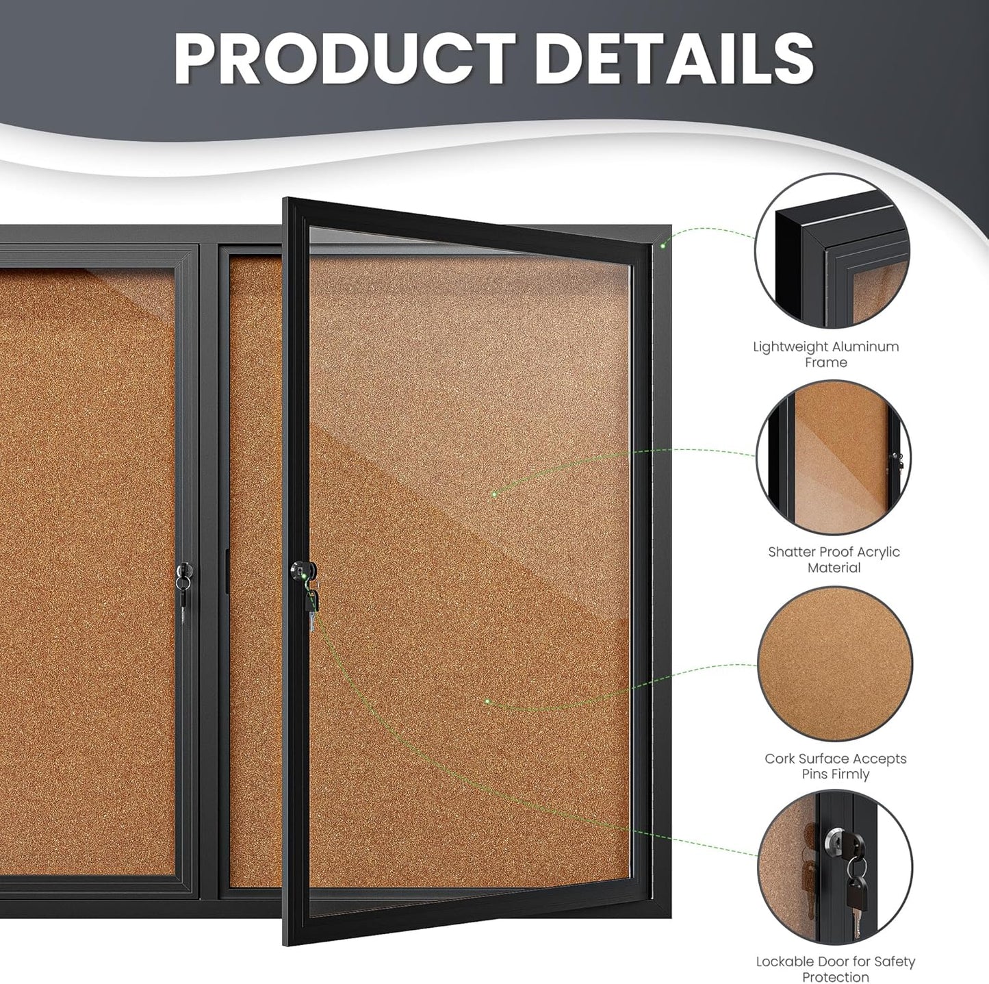 48"x36" Lockable Enclosed Bulletin Board, Outdoor Cork Weather-Resistant Aluminum Frame Notice Board, Wall Mounted Display Case Acrylic Doors for School,Office,Black Frame w/Cork