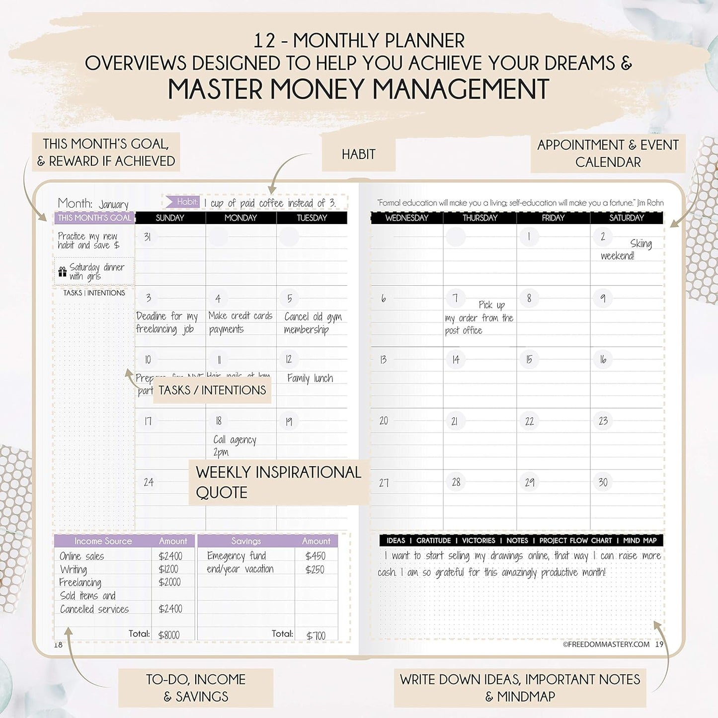 Financial Planner - Monthly Budget Planner & Monthly Bill Organizer | A 12-Month Journey to Financial Freedom | Bill Payment Tracker Organizer, Debt, Expense Tracker & Money Saving with Pockets